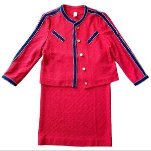 Vintage CHANEL Style Red Tweed Suit Jacket & Skirt
